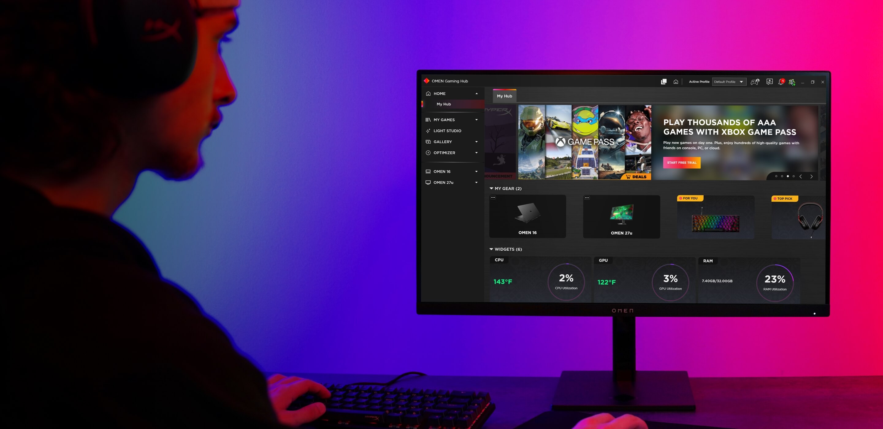 OMEN GAMING HUB UI ON OMEN GAMING MONITOR IN RGB LIT ENVIRONMENT OMEN GAMING HUB UI ON OMEN GAMING MONITOR IN RGB LIT ENVIRONMENT