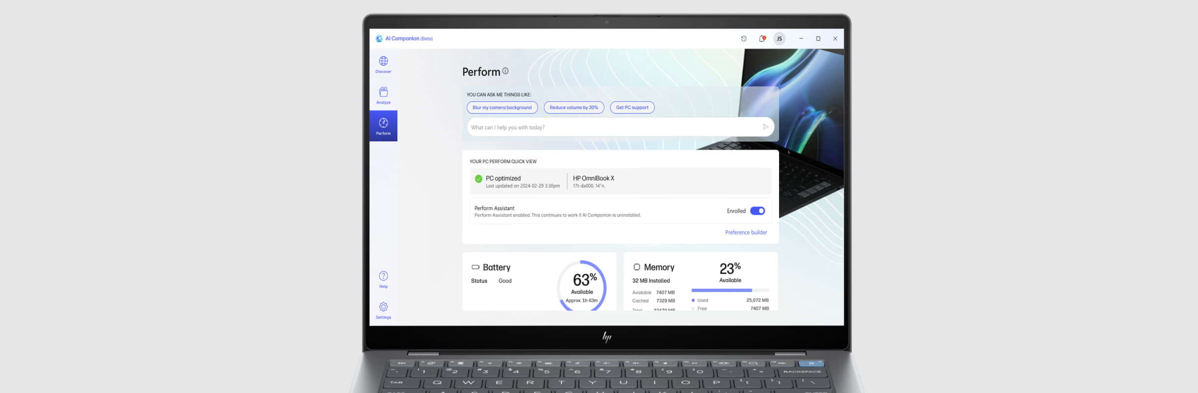 Kannettavan näytöllä näkyy HP AI Companion -sovelluksen Optimoi-vaihtoehto